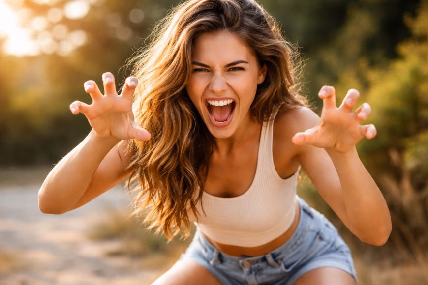 Pretty young woman doing a wildcat inspired pose with dramatic lighting