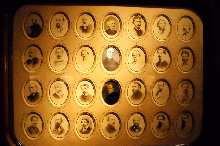 Tableau with 28 photographic portraits of landscape painters (last quarter of 19th century) - Exhibition 'Fergola. Lo splendore di un Regno', up to April 2, 2016 at Museum Zevallos in Naples