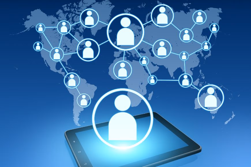 A tablet with user icons connected by lines, symbolizing digital networking and client outreach